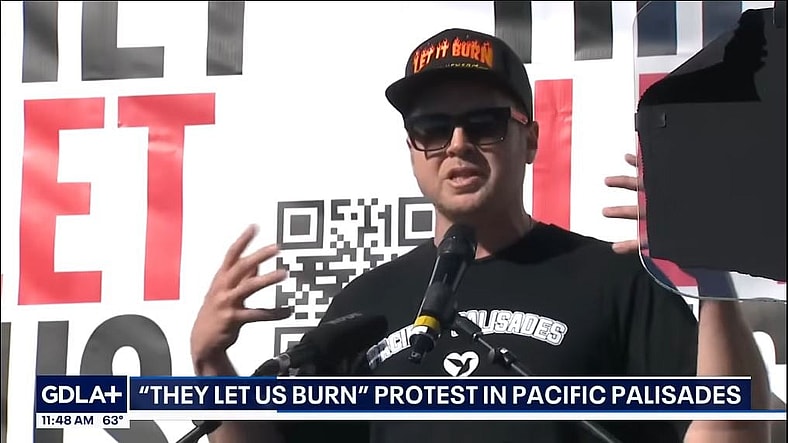 Spencer Pratt speaking at the "They Let Us Burn" protests in LA on Jan 8, 2026, Fox 11 Los Angeles via YouTube