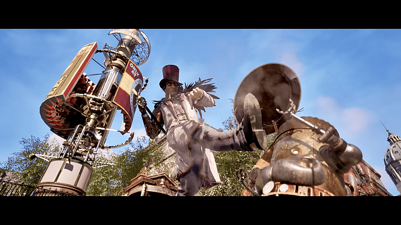 Lord Griswick (TBA) kicks a street-sweeping robot in Clockwork Revolution (TBA), Xbox Game Studios