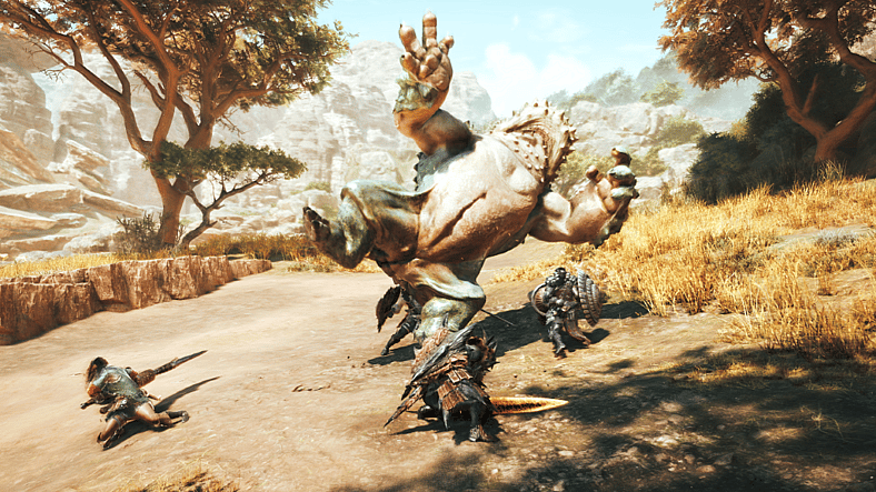 Hunters send a Chatacabra reeling in Monster Hunter Wilds (Capcom), 2025