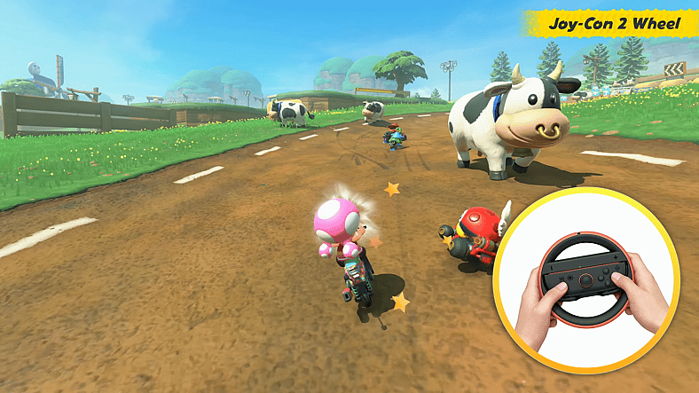 A Joy-Con 2 Wheel is shown in action in Mario Kart World Direct 4.17.2025, YouTube