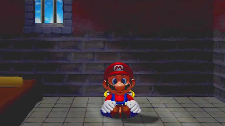 Mario (Charles Martinet) is jailed for crimes against Isle Delfino in Super Mario Sunshine (2002), Nintendo