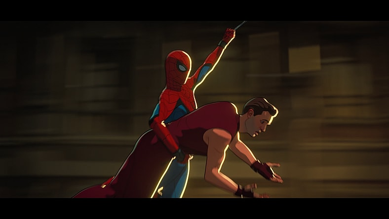Spider-Man (HJudson Thames) saves Bruce Banner (Mark Ruffalo) from an undead crowd in What If...? Season 1 Episode 5 "What If...Zombies?" (2021), Marvel Entertainment