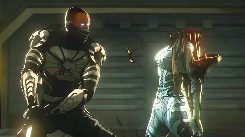 Blade (Todd Williams) makes sure Ghost (N/A) lives up to her name in Marvel Zombies (2025), Marvel Entertainment / Disney Plus