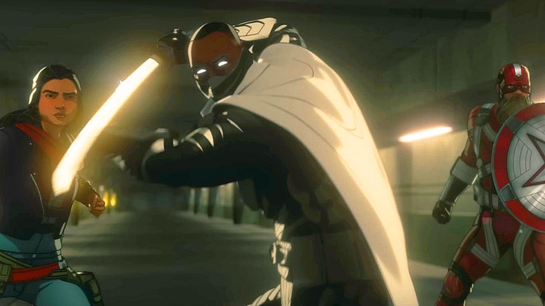 Blade (Todd Williams) puts himself between Ms. Marvel (Iman Vellani), Red Guardian (David Harbour), and an undead Ghost (N/A) in Marvel Zombies (2025), Marvel Entertainment / Disney Plus