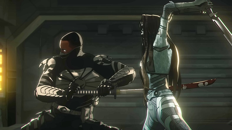 Blade (Todd Williams) makes quick work of Ghost (N/A) in Marvel Zombies (2025), Marvel Entertainment / Disney Plus