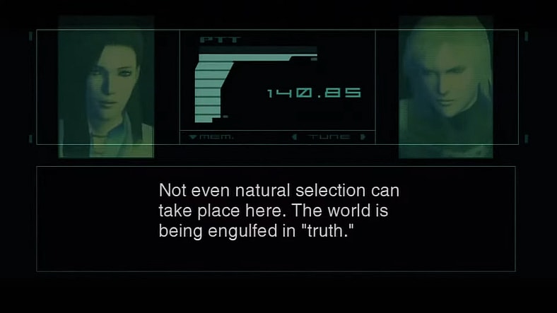 The Patriots' Rose AI (Lara Cody) explains its S3 plan to Raiden (Quinton Flynn) in Metal Gear Solid 2: Sons of the Liberty (2001), Konami