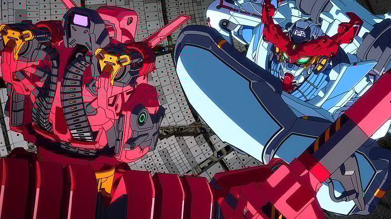 Machu (Tomoyo Kurosawa) attempts to stop Char Aznable (Shūichi Ikeda) from accessing the contents of the Rose in Mobile Suit Gundam GQuuuuuuX Episode 11 "Alphacide" (2025), Studio Khara