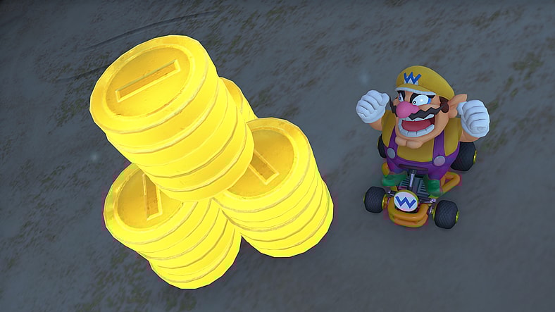 Wario (Kevin Z. Afghani) delighted to find a stack of coins in Mario Kart World (2025), Nintendo