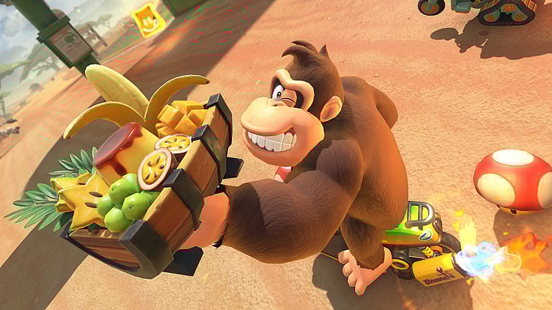 Donkey Kong (Takashi Nagasako) grabs a tropical snack to go, in 'Mario Kart World' (2025), Nintendo