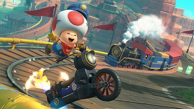 Toad (Samantha Kelly) pulls off motorbike tricks while riding the rails in Mario Kart World (2025), Nintendo