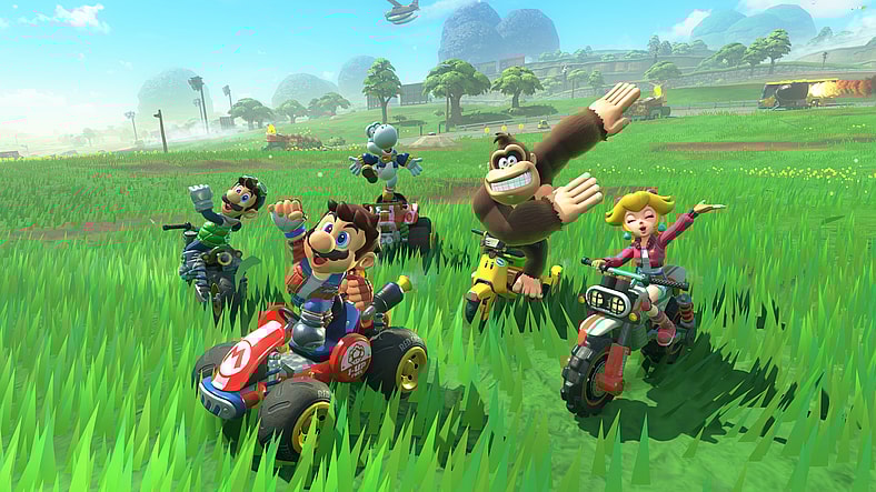 Mario (Kevin Z. Afghani) and the gang explore off-road in colorful costumes and vehicles in Mario Kart World (2025), Nintendo