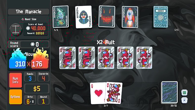 A Flush House made of glass Among Us cards blasts past the requirements of the blind in Balatro (2024), Playstack