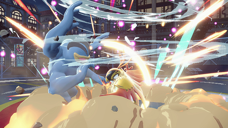 Machamp is slammed by a sky-high attack from Mega Hawlucha in Pokémon Legends: Z-A (2025), Nintendo