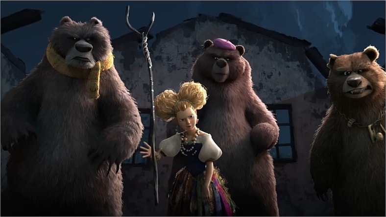 Goldilocks (Florence Pugh) and the three bears threatening Puss (Antonio Banderas) in Puss in the Boots: The Last Wish, 2023, Universal Pictures