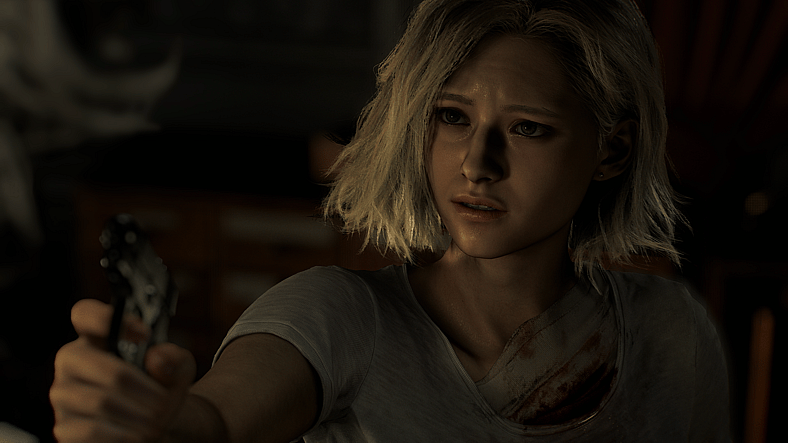 A terrified and badly wounded Grace Ashcroft (TBA) attempts to defend herself against Victor Gideon (TBA) in Resident Evil Requiem (2026), Capcom