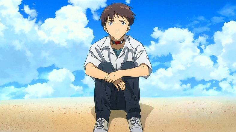 Shinji Ikari (Megumi Ogata) contemplates the nature of reality while sitting upon the shores of creation in 3.0+1.0 Thrice Upon a Time (2021), Studio Khara