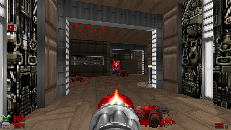 The player blasts a Cacodemon with a minigun via SIGIL 2 (2024) in DOOM II (1994), idSoftware