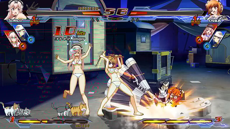 Sonico (Ayano Yamamoto) calls on Fuuri (Mami Ozaki) to keep the beat in Nitroplus Blasterz: Heroines Infinite Duel (2015), Nitroplus