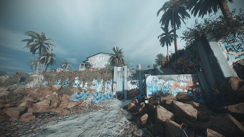 Graffiti covers the walls beneath a home in Ready or Not (2023), VOID Interactive