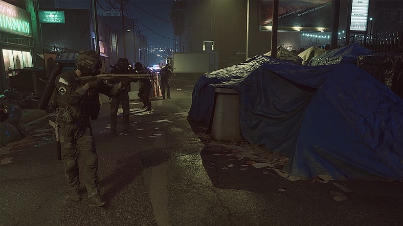 Officers stand ready, passing a homeless camp in Ready or Not (2023), VOID Interactive