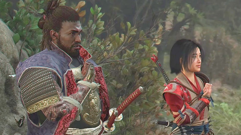 Yasuke (Tongayi Chirisa), Naoe (Masumi Tsunoda), Gautwin (TBA) and Ada (TBA) say farewell with a Survey Corps salute in Assassin's Creed Shadows x Attack on Titan (2025), Ubisoft