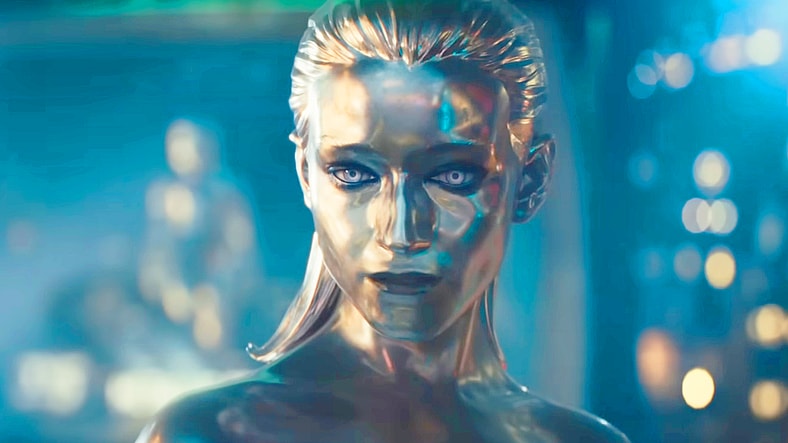 The Silver Surfer (Julia Garner) informs Earth of their impending doom in Fantastic Four: First Steps (2025), Marvel Entertainment