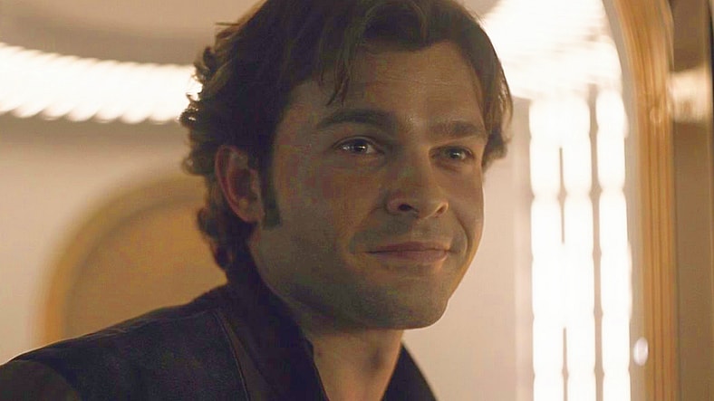 Han (Alden Ehrenreich) asks Qi'ra (Emilia Clarke) to trust him just one more time in Solo: A Star Wars Story (2018), Lucasfilm