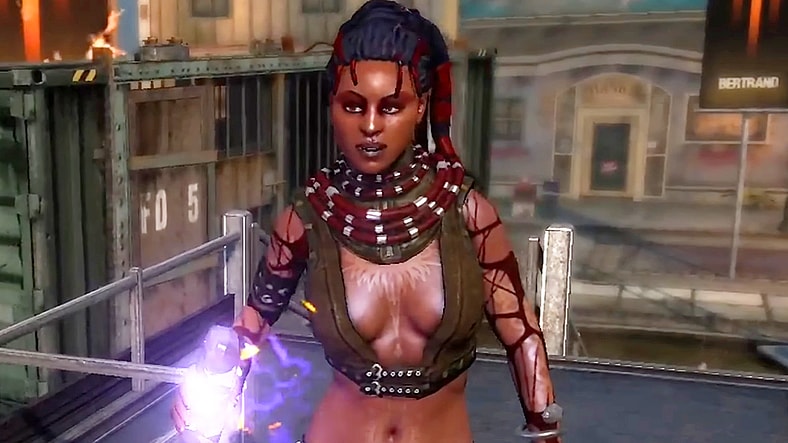 Nix (Nika Futterman) attempts to bargain with Cole (Eric Ladin) in inFamous 2 (2011), Sucker Punch Productions