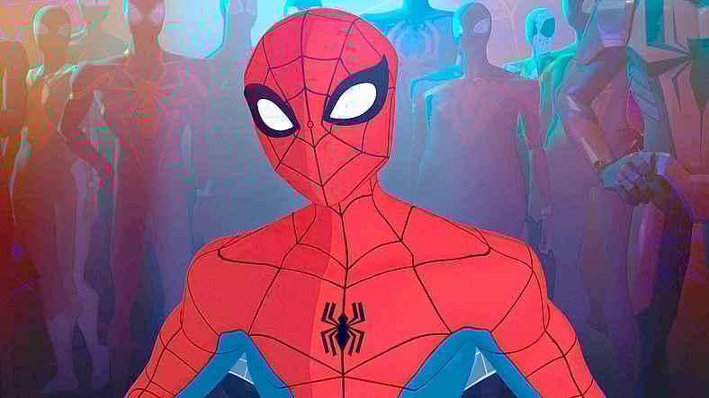Spider-Man (Josh Keaton) tries to get Miles (Shameik Moore) to understand the realities of being a web-slinger in Spider-Man: Across the Spider-Verse (2023), Sony Animation