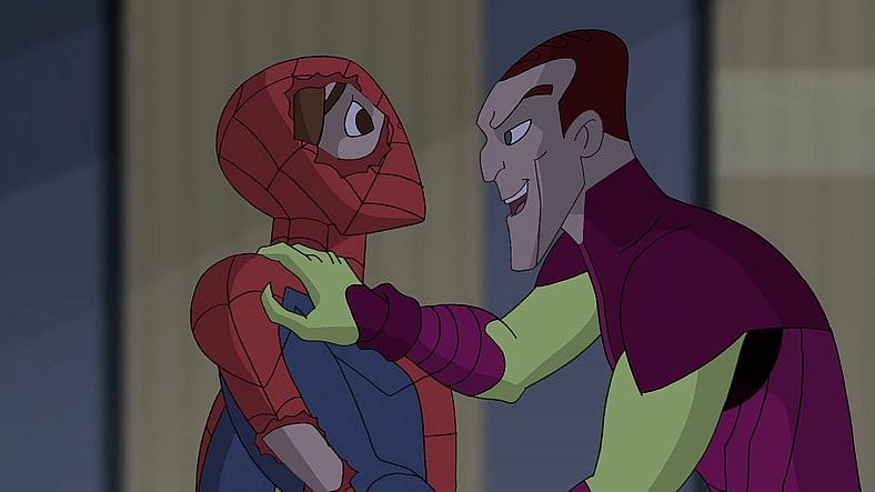 Peter Parker (Josh Keaton) comes face-to-face with Norman Osborn (Alan Rachins) in The Spectacular Spider-Man Season 2 Episode 13 "Final Curtain" (2009), Marvel Entertainment
