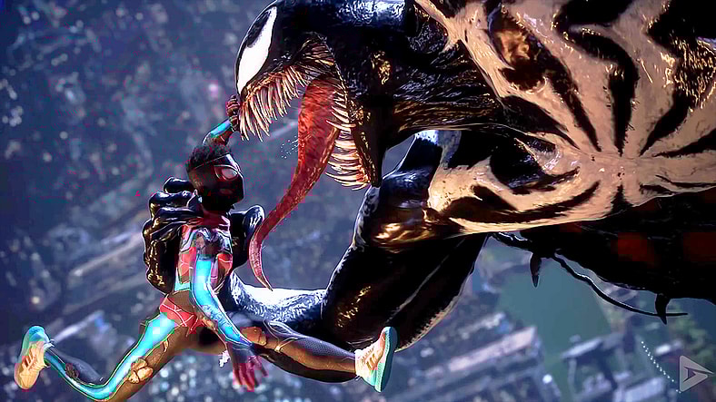 Miles (Nadji Jeter) fights to stay out of Venom's (Tony Todd) jaws in Marvel's Spider-Man 2 (2023), Insomniac Games