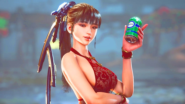Eve (Yoon Eun-seo) grabs a drink after downing a wave of Behemoths in Stellar Blade (2024), Shift Up