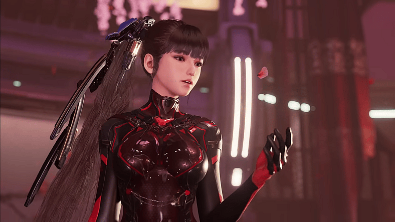 Eve (Asami Seto) marvels at a sakura petal in Stellar Blade (2024), Sony Interactive Entertainment