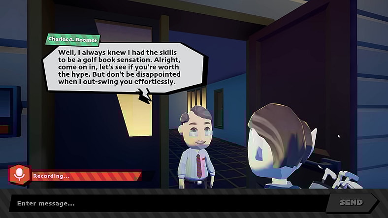 The player convinces an NPC to let them into their home in Suck Up! (2024), Proxima Enterprises