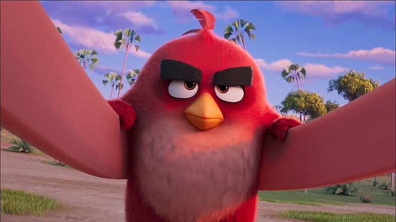 Red (voiced by Jason Sudeikis) opening his flappers in anger in The Angry Birds Movie 3, 2026, Rovio/Sega