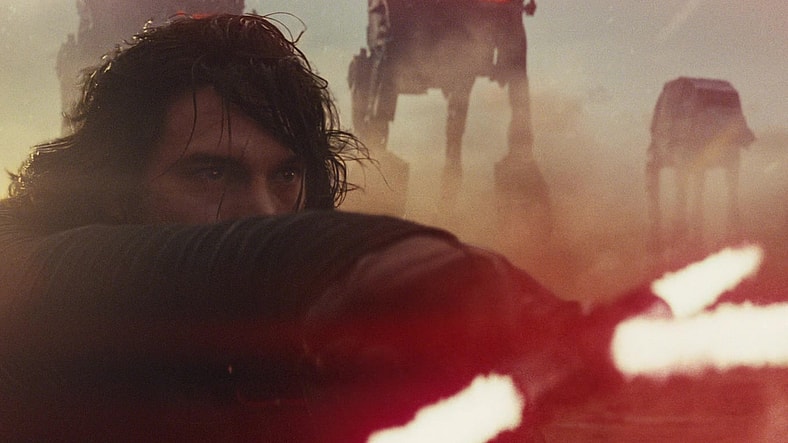 Kylo Ren (Adam Driver) orders the First Order's ground troops to open fire on Luke Skywalker (Mark Hamill) in Star Wars: Episode IX - The Last Jedi (2017), Disney
