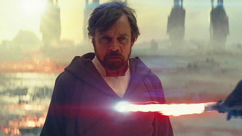 Kylo Ren (Adam Driver) realizes that Luke Skywalker (Mark Hamill) is far from Crait's surface in Star Wars: Episode IX - The Last Jedi (2017), Disney