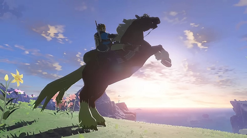 Link Rearing his steed in the grassy fields of Hyrule in The Legend of Zelda: Tears of the Kingdom (2023), Nintendo.