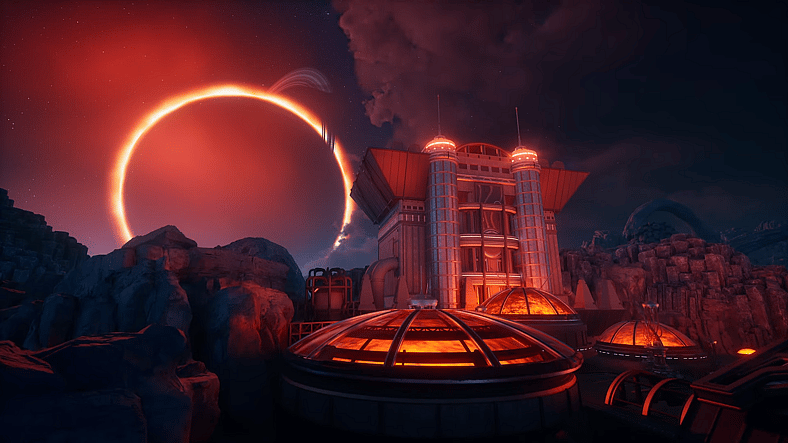 A sinister base backed by a planetary eclipse in The Outer Worlds 2 (2025), Xbox Game Studios
