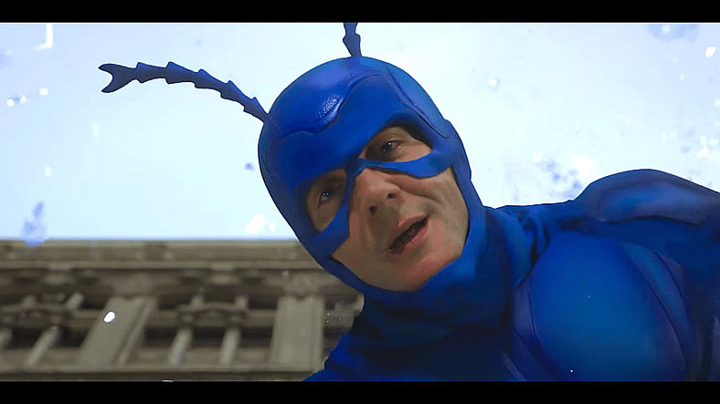 The Tick (Peter Serafinowicz) slowly falls to the ground in The Tick Season 1 Episode 4 "Party Crashers" (2017), Amazon Studios