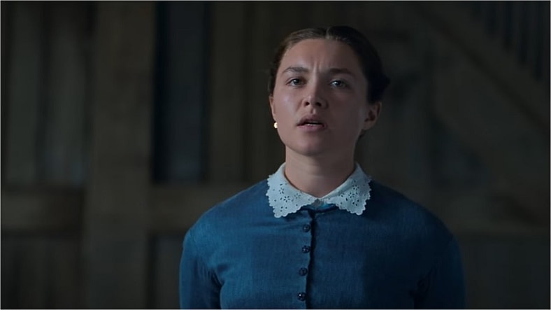 Elizabeth "Lib" Wright (Florence Pugh) speaking to the town council in The Wonder, 2019, Netflix