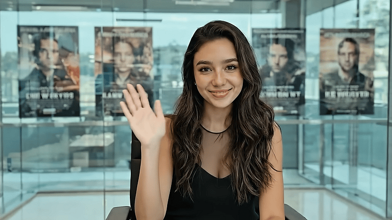 AI product 'Tilly Norwood' waves to the camera in AI Commissioner/Comedy Sketch (2025), Particle6 TV