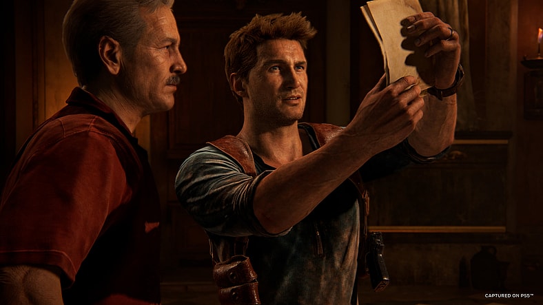 Nathan Drake (Nolan North) and Victor "Sully" Sullivan (Richard McGonagle) discover a new clue as to the whereabout of Henry Avery's treasure in Uncharted 4: A Thief's End (2016), Sony Computer Entertainment
