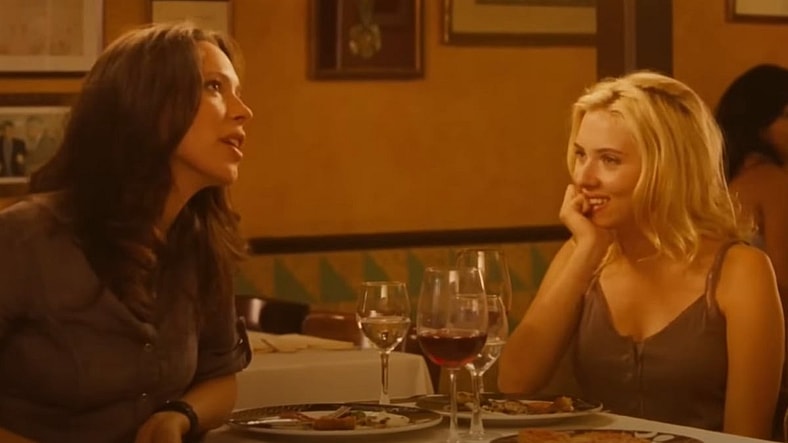 Vicky (Rebecca Hall) and Cristina (Scarlett Johansson) meet Juan Antonio (Javier Bardem) in Vicky Cristina Barcelona (2008), MGM