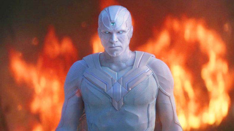 S.W.O.R.D.'s re-animated physical Vision (Paul Bettany) sets its sights on his soul-self (Paul Bettany) in WandaVision Season 1 Episode 9 "The Series Finale" (2021), Marvel Entertainment
