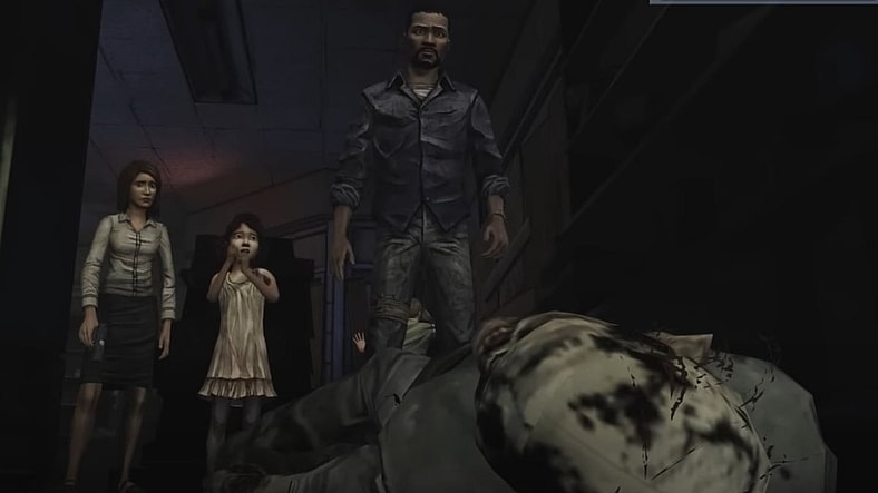 Irene, Clementine and Lee Evrett after killing a walker in Walking Dead Season 1, 2012, Telltale games