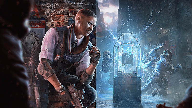 Clash (Sophia Walker) uses her CCE Shield to zap the opposition in Tom Clancy's Rainbow Six Siege (2015), Ubisoft