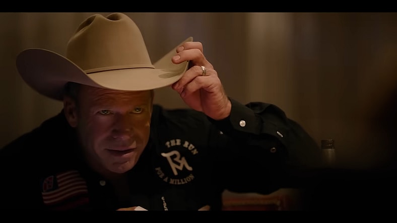 Travis (Taylor Sheridan) convinces Beth (Kelly Reilly) to play a game of strip poker in Yellowstone Season 5 Episode 13 "Give the World Away" (2024), Paramount Network