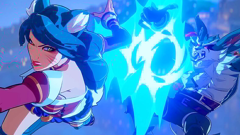 Ahri (Judy Alice Lee) lets loose her Fox Fire against Warwick (Dave B Mitchell) in 2XKO (2025), Riot Games