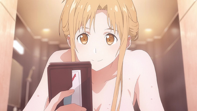 Asuna (Tomatsu Haruka) gets a mid-bath text message in Sword Art Online The Movie -Ordinal Scale- (2017), A-1 Pictures